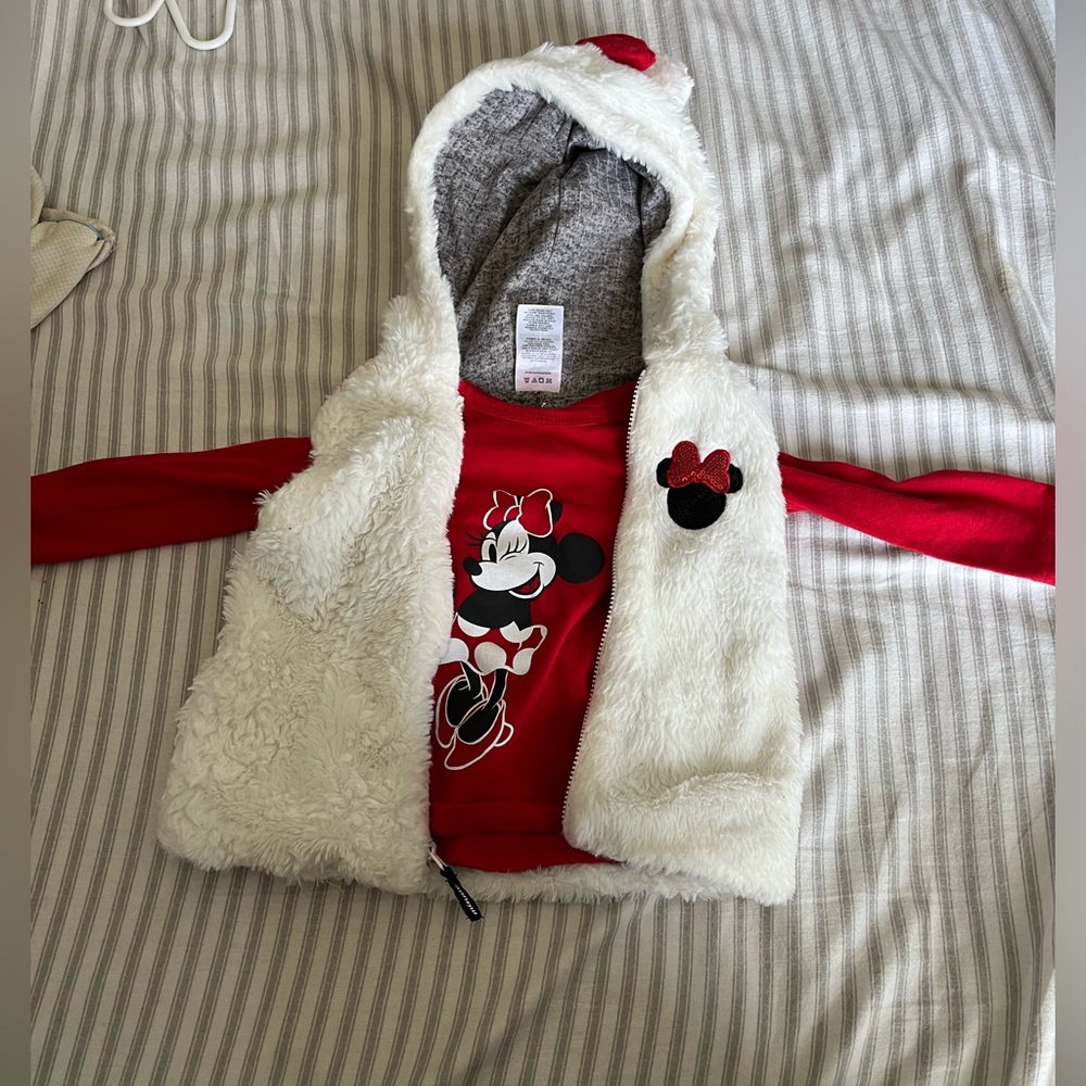 Minnie Fur vest with mine red shirt